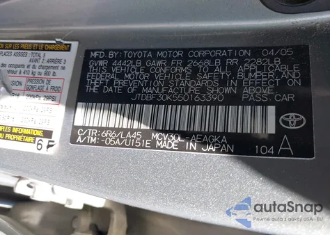 2005 Toyota Camry Xle V6 z USA, uszkodzony, nr VIN JTDBF30K550163390